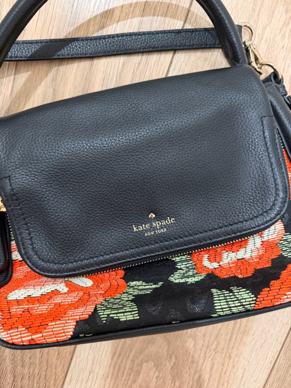Kate Spade NY Hudson Black Leather Shoulder Bag with Org/red Floral Needlepoint - Picture 2 of 3
